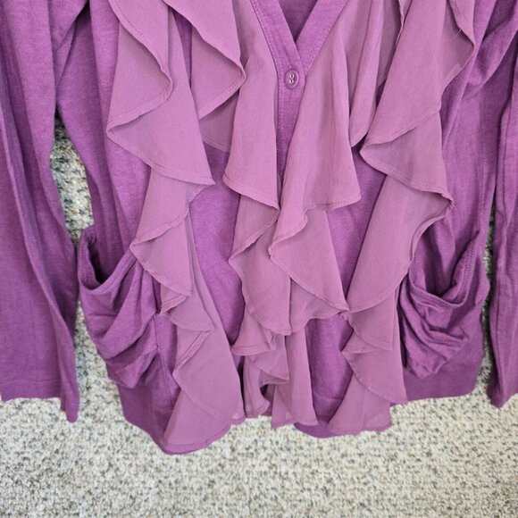 LOGO Lori Goldstein Cardigan Womens Medium Purple Button Up Ruffle Casual Ladies - Picture 5 of 7